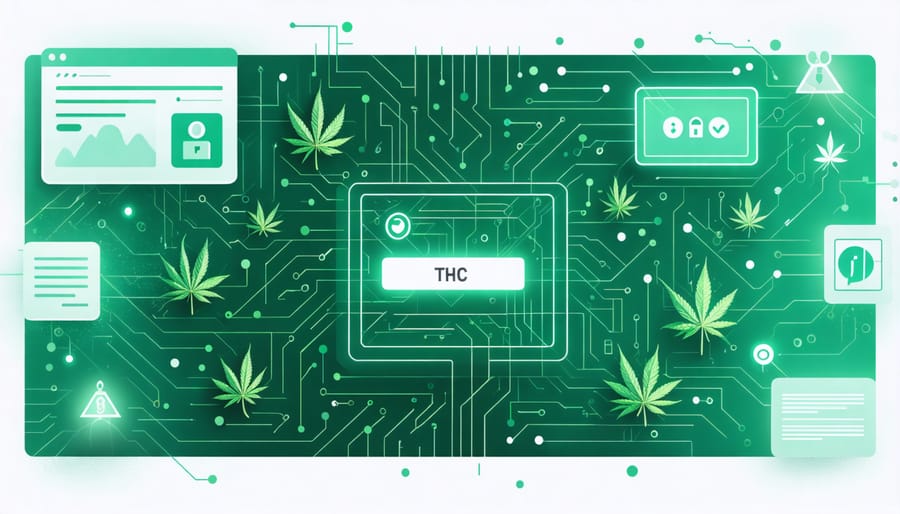 Conceptual illustration depicting a digital interface with blurred screens and distorted data streams intertwined with cannabis leaves, symbolizing the cybersecurity risks associated with THC consumption.